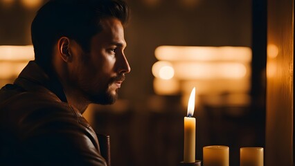A man in a brown leather jacket, sitting in a dimly lit room, with a single, flickering candle in front of him. - Powered by Adobe