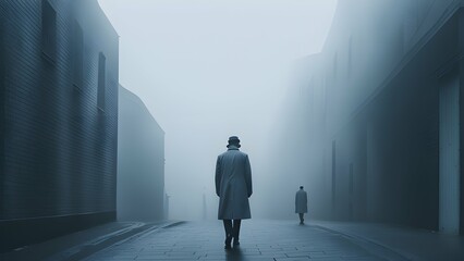 A man in a grey trenchcoat, standing in a foggy alleyway, with a single, mysterious figure in the...