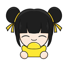 Chinese New Year, Cute Mascot Kid with Black Hair Holding golden ingot and Cartoon illustration.