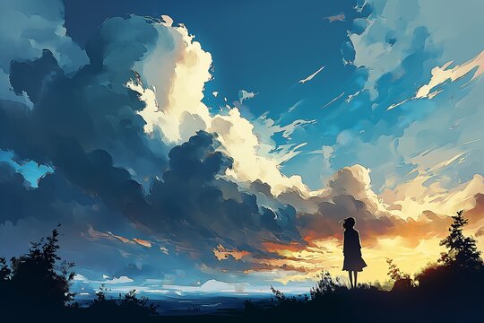 person standing hill looking sky clouds calm feeling half body cropping far away blue orange viewer dream world drawing