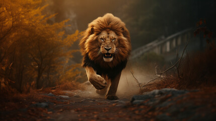 Lion running and chasing