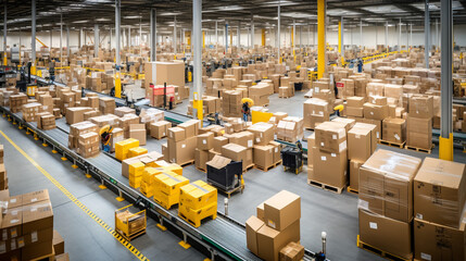 a distribution warehouse, a conveyor belt stretching across the scene, lined with neatly arranged cardboard box packages ready for e-commerce delivery - obrazy, fototapety, plakaty