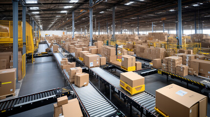 Closeup of multiple cardboard box packages seamlessly moving along a conveyor belt in a warehouse fulfillment center, a snapshot of e-commerce - obrazy, fototapety, plakaty