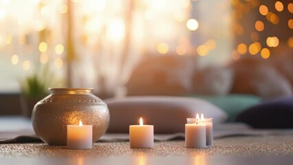 Closeup of a peaceful yoga corner, with a soothing wall mural, meditation cushions, and candles, creating a serene space for selfreflection and mindfulness.