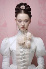 An exquisite portrait featuring a Japanese woman with a meticulously woven French braid, adorned in a pristine white ballet ensemble, emanating 