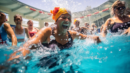  An energetic group of senior women active in water aerobics sessions in the swimming pool,...