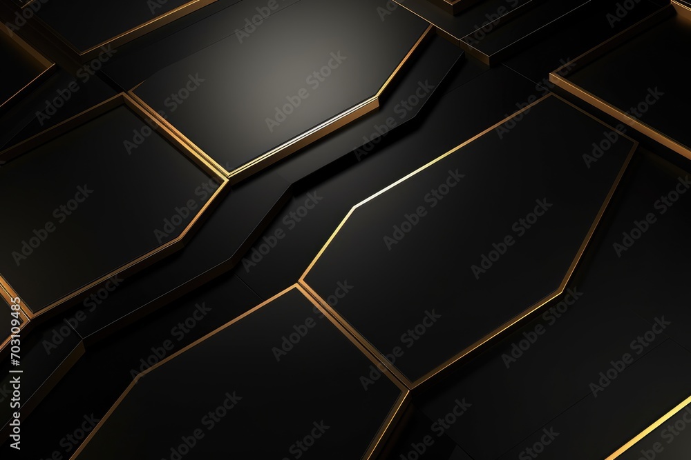 Poster black abstract background with golden hexagons. 3d rendering mock up, luxury hexagonal abstract blac