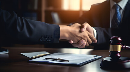 Close up hand of Male lawyer working with contract papers and wooden gavel on tabel in courtroom. justice and law ,attorney, court judge.