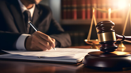 Close up hand of Male lawyer working with contract papers and wooden gavel on tabel in courtroom. justice and law ,attorney, court judge. - obrazy, fototapety, plakaty