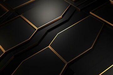 Black abstract background with golden hexagons. 3d rendering mock up, Luxury hexagonal abstract black metal background with golden light lines, AI Generated - Powered by Adobe