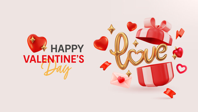Valentine's day banner template with realistic gifts boxes.Open gift with 3d golden text Love and red heart.Holiday banner,poster or flyer for Valentine's day.Greetings and presents for love concept.