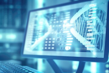 Computer monitor with abstract image of binary code. 3D Rendering, Medicine doctor touching electronic medical record on a tablet, DNA, AI Generated