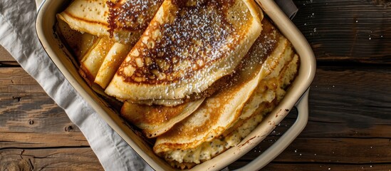 Sweetened cottage cheese-filled pancakes or crepes arranged in a baking dish on a wooden table, viewed from above. - obrazy, fototapety, plakaty