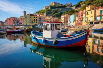 Fototapeta na wymiar Colorful fishing boats in the harbor of Portovenere, Liguria, Italy, Mystic landscape of the harbor with colorful houses and boats in Porto Venero, Italy, AI Generated
