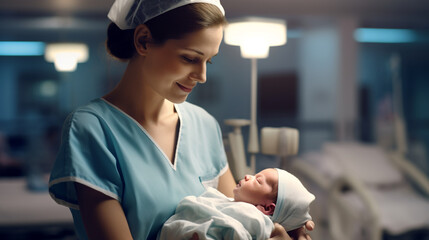 A touching moment unfolds, featuring a nurse cradling a newborn baby in a modern hospital - obrazy, fototapety, plakaty