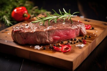 Grilled beef steak with rosemary and spices on wooden cutting board, Piece of rump steak on a cutting board, close up, AI Generated