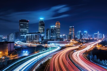 Fototapeta na wymiar light trails on the modern building background in shanghai china, Night cityscape with buildings and roads in Beijing city, captured in a long exposure photo, AI Generated