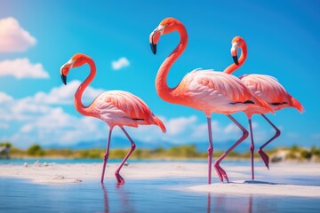 Three flamingos standing on the beach with a blue sky in the background, Group of pink African flamingos walking around the blue lagoon on a sunny day, AI Generated