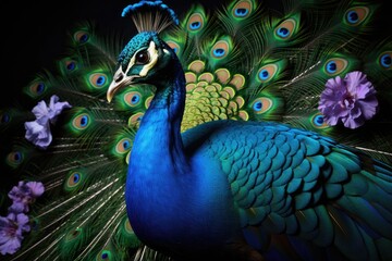 Fototapeta premium Peacock with beautiful feathers and flowers on a black background, Portrait of a beautiful peacock with feathers displayed, AI Generated