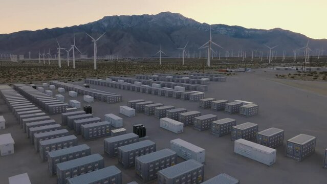 Aerial view of battery storage array at renewable wind turbine power farm in the Coachella Valley