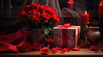 Valentine's gift and roses on a pink background