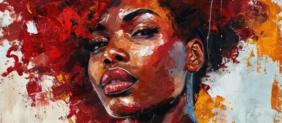 Artwork of a stunning African woman with red hair on canvas, in a pop art style, emphasizing the beauty and fashion. - obrazy, fototapety, plakaty