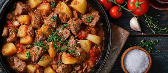 Pork stew cooked with potatoes, garlic, salt, oregano, tomatoes. Homemade appearance. From above.