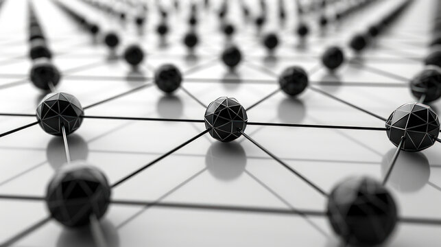 Black Geometric Spheres Interconnected on a Grid, Creating a Three-Dimensional Network Resembling Molecular Structure. Generative AI