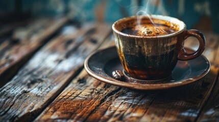 Aromatic morning. Hot espresso in white coffee cup. Dark roast coffee with steam on wooden table.