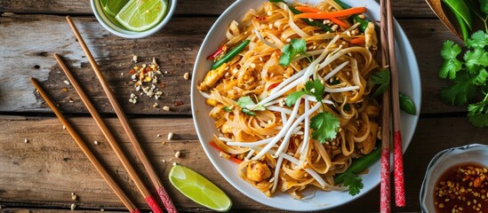 Thai street food, pad thai noodles, displayed on a wooden table from a top view perspective.