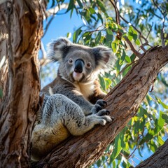 Obraz premium A Peaceful Koala nestled in Eucalyptus Tree in the Heart of the Australian Bushland Background - The Sky above is Blue, Relax - Beautiful Koala Wallpaper created with Generative AI Technology