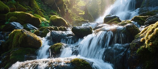 Gorgeous waterfall cascading over mossy rocks with motion blur. - Powered by Adobe