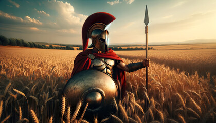 A Spartan soldier stands with a spear and shield in a field, the Spartans became one of the most...