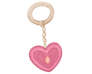cute watercolor crayon illustration style of heart shaped pink keychain on white background for valentine girl