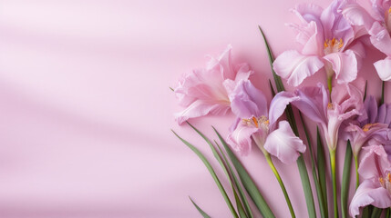Fototapeta premium A bunch of soft pink gladiolus flowers arranged beautifully on a pink surface, creating a tranquil and romantic mood.