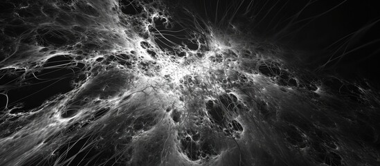 3D rendering of a computer-generated map shows abstract intensity patterns for dark matter and energy in the universe, in black and white. - obrazy, fototapety, plakaty
