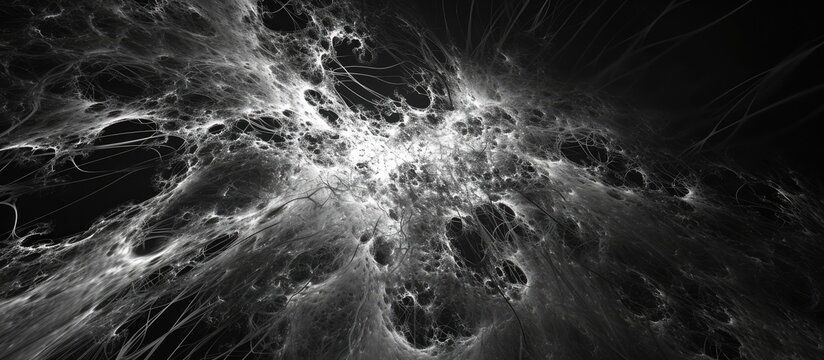 3D rendering of a computer-generated map shows abstract intensity patterns for dark matter and energy in the universe, in black and white.