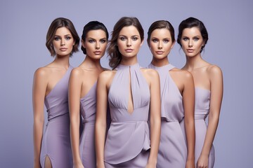 A group of young models wearing elegant cocktail dresses, exuding grace and sophistication, against a solid light violet background. - obrazy, fototapety, plakaty