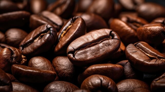 Coffee bean close up view of dark roasted arabica beans creating tasty and aromatic morning beverage on brown background