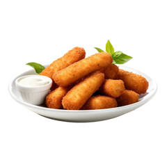 A bowl of mozzarella sticks, isolated on a transparent background.