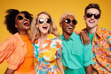 A group of young models wearing vibrant summer outfits, exuding energy and joy, against a solid light yellow background.