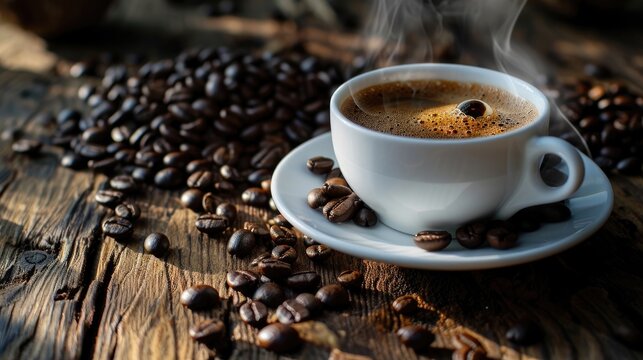 Hot espresso in white coffee cup. coffee beans and steam on wooden table. Cups on morning background