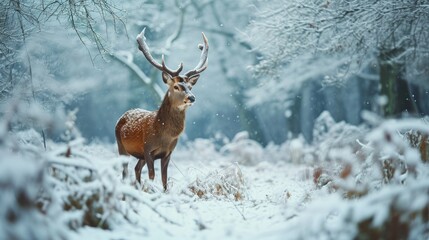 Naklejka na ściany i meble Deer in a Serene, Snow-covered Forest Background - Trees around are heavy with Snow creating a Tranquil, almost Magical Landscape Wallpaper created with Generative AI Technology