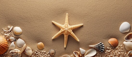 Fototapeta na wymiar Sandy beach with shells and starfish as a natural textured background