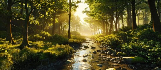 3D rendering of a sunny forest with a stream.