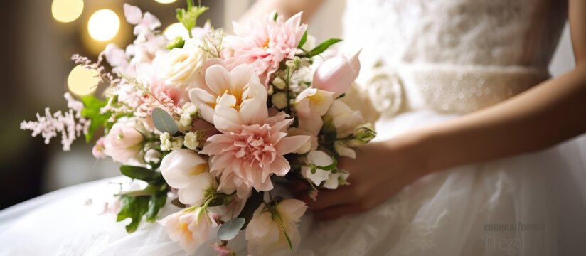 Beautiful summer wedding bouquet. Delicate bright flowers and women wearing wedding dresses