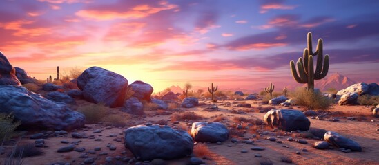 Beautiful sunrise between boulders and light saguaro cactus, orange purple, blue. - Powered by Adobe
