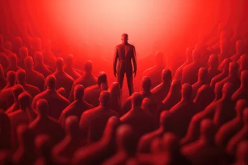 Fotobehang Businessman standing in front of crowd of people. 3D rendering, Leadership and teamwork concept with 3D illustration of a man in front of a crowd of red people, AI Generated © Ifti Digital