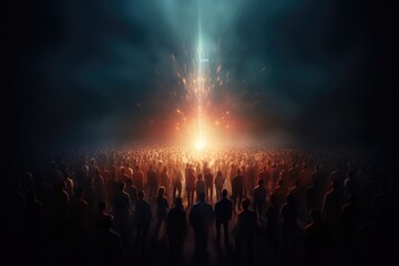 Fototapeta na wymiar Conceptual image of crowd of people in front of bright lights, Leadership concept with a crowd of people and light, 3D rendering, AI Generated