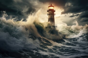 Naklejka premium Lighthouse in stormy sea. 3d illustration. Elements of this image furnished by NASA, Lighthouse in a storm on the North Sea, presented in 3D rendering, AI Generated